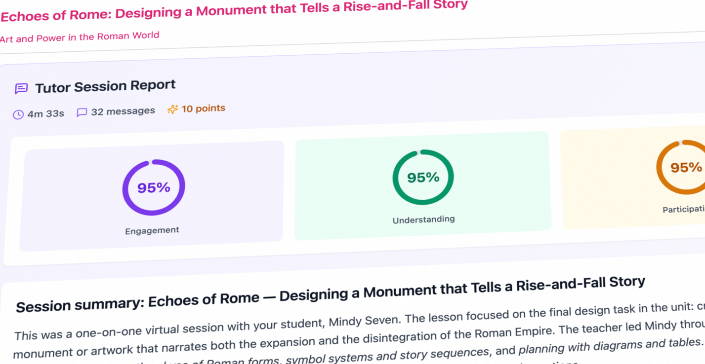 MindyRoad tutor session report with strengths, areas for improvement and next steps