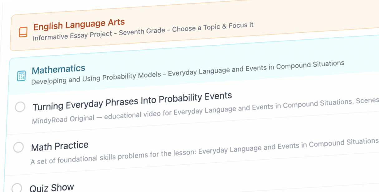 MindyRoad student lesson plan with videos, tutoring, flash cards, games and activities